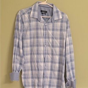 Bugatchi Shirt Mens Med. Shaped Fit Blue Plaid  Button Up Long Sleeve Flip Cuffs
